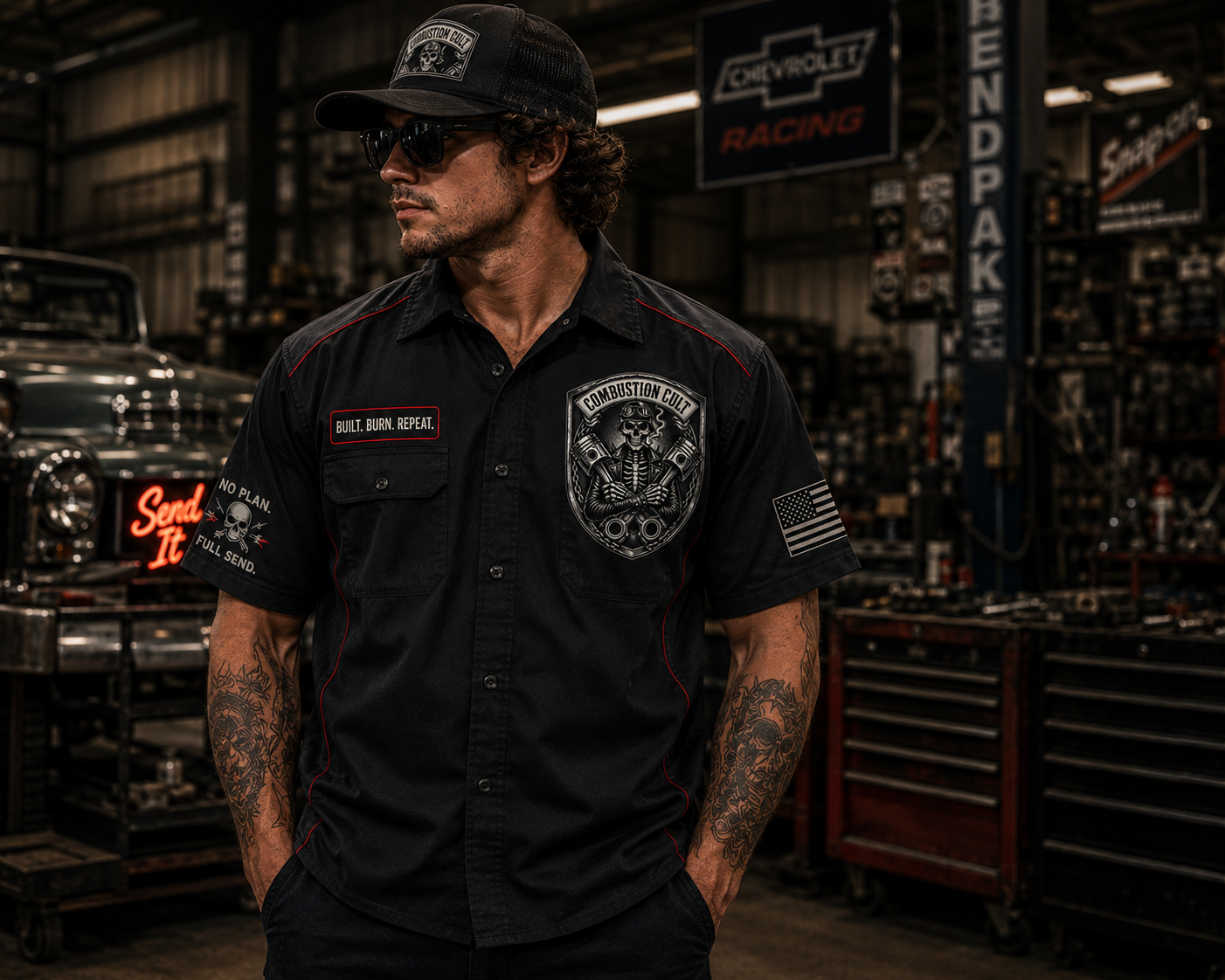 Combustion Cult Skull Garage Work Jeseys
