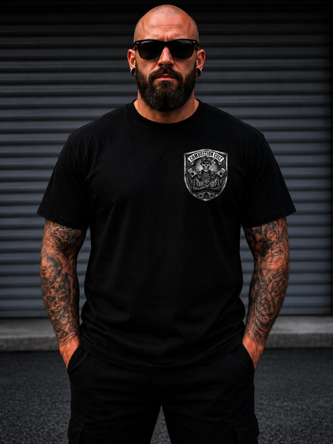 Combustion Cult Skull & Pistons Pocket Logo Tee